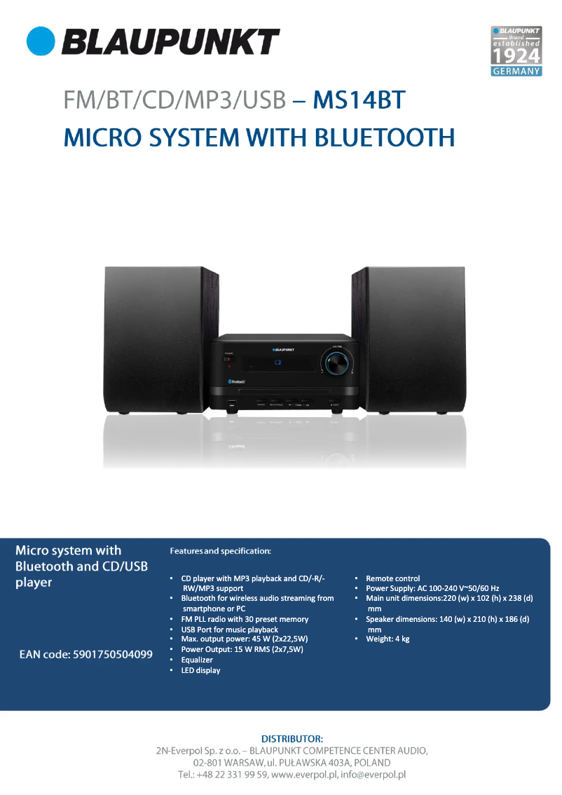 Página 1 del manual Ficha técnica Blaupunkt MS14BT