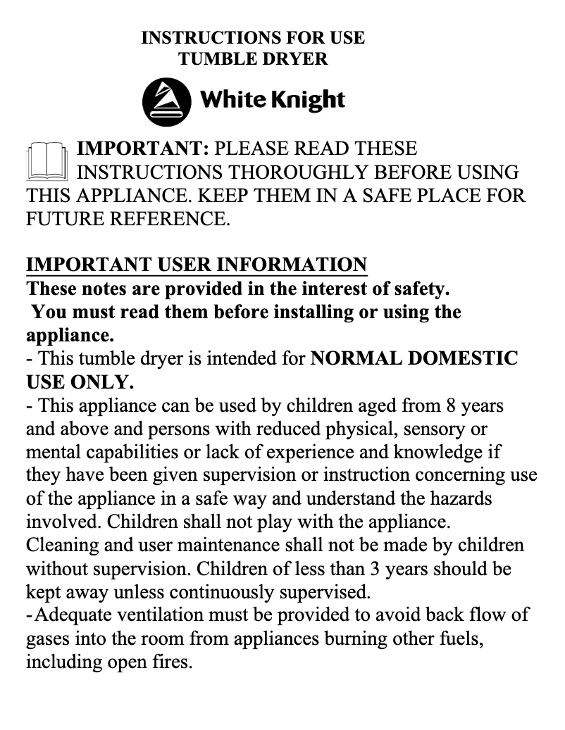 Page 1 de la notice Manuel utilisateur White Knight C37AW