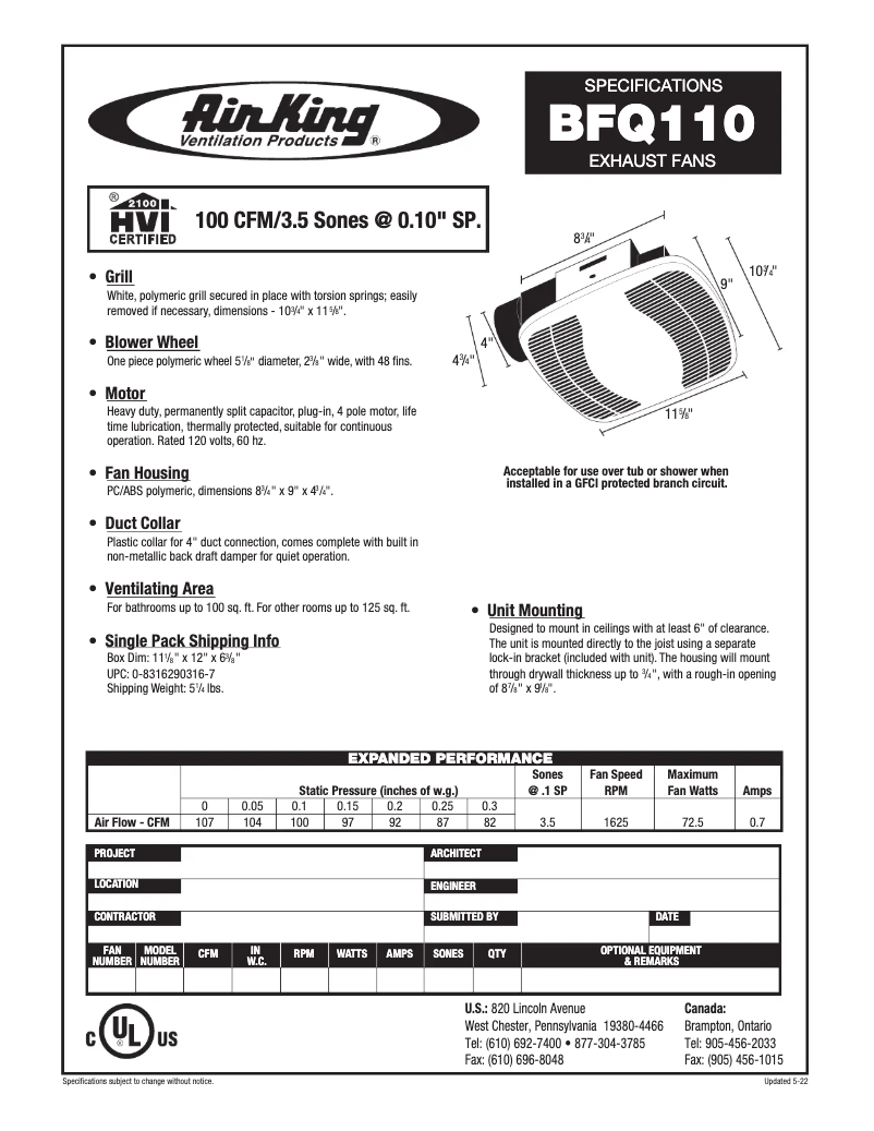 Página 1 del manual Ficha técnica Air King BFQ110