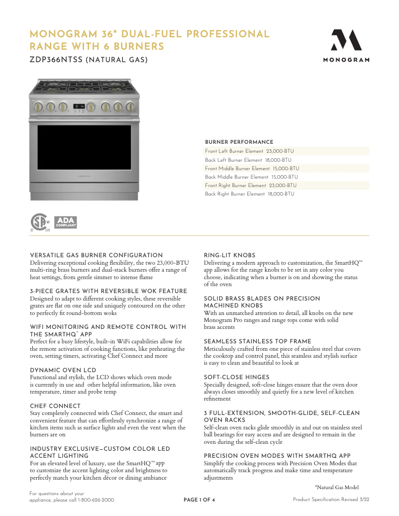 Page 1 de la notice Fiche technique Monogram ZDP366NTSS