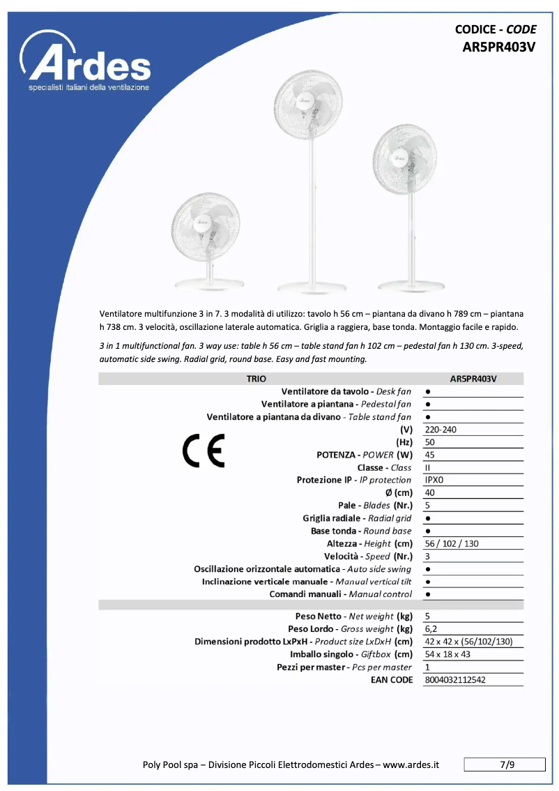 Page 1 de la notice Fiche technique Ardes AR5PR403V