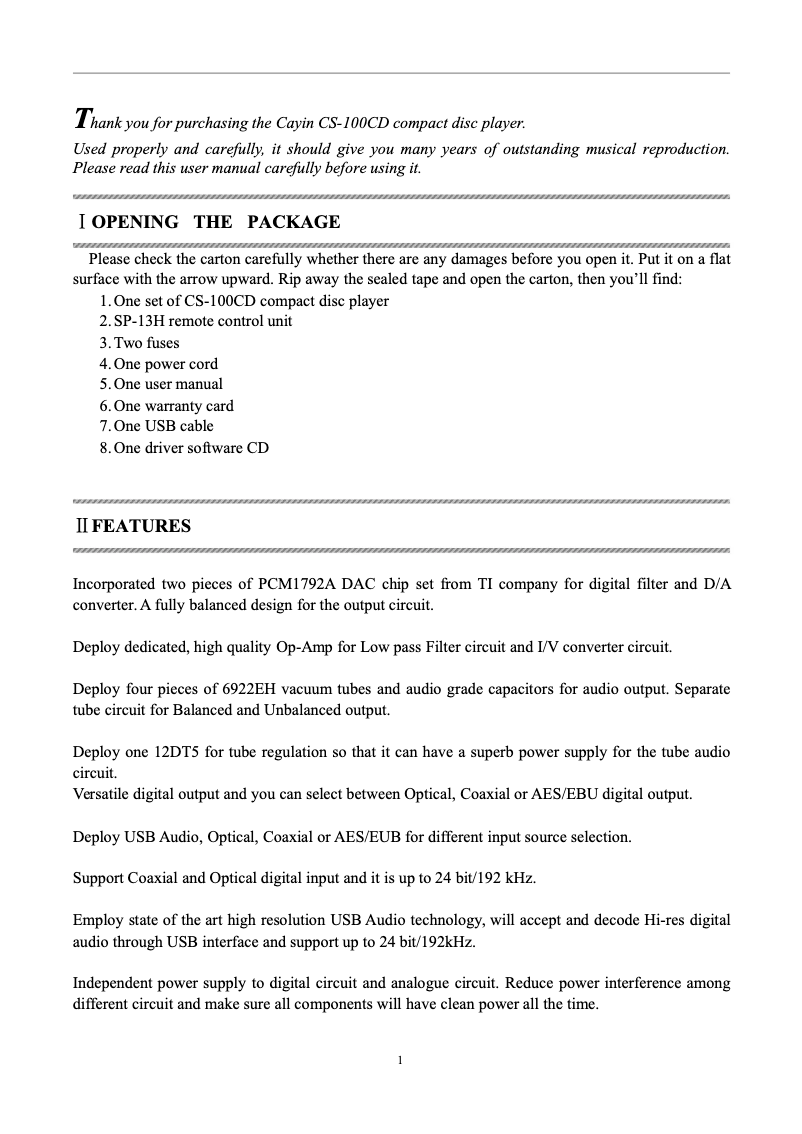 Página 1 del manual Manual de usuario Cayin CS-100CD