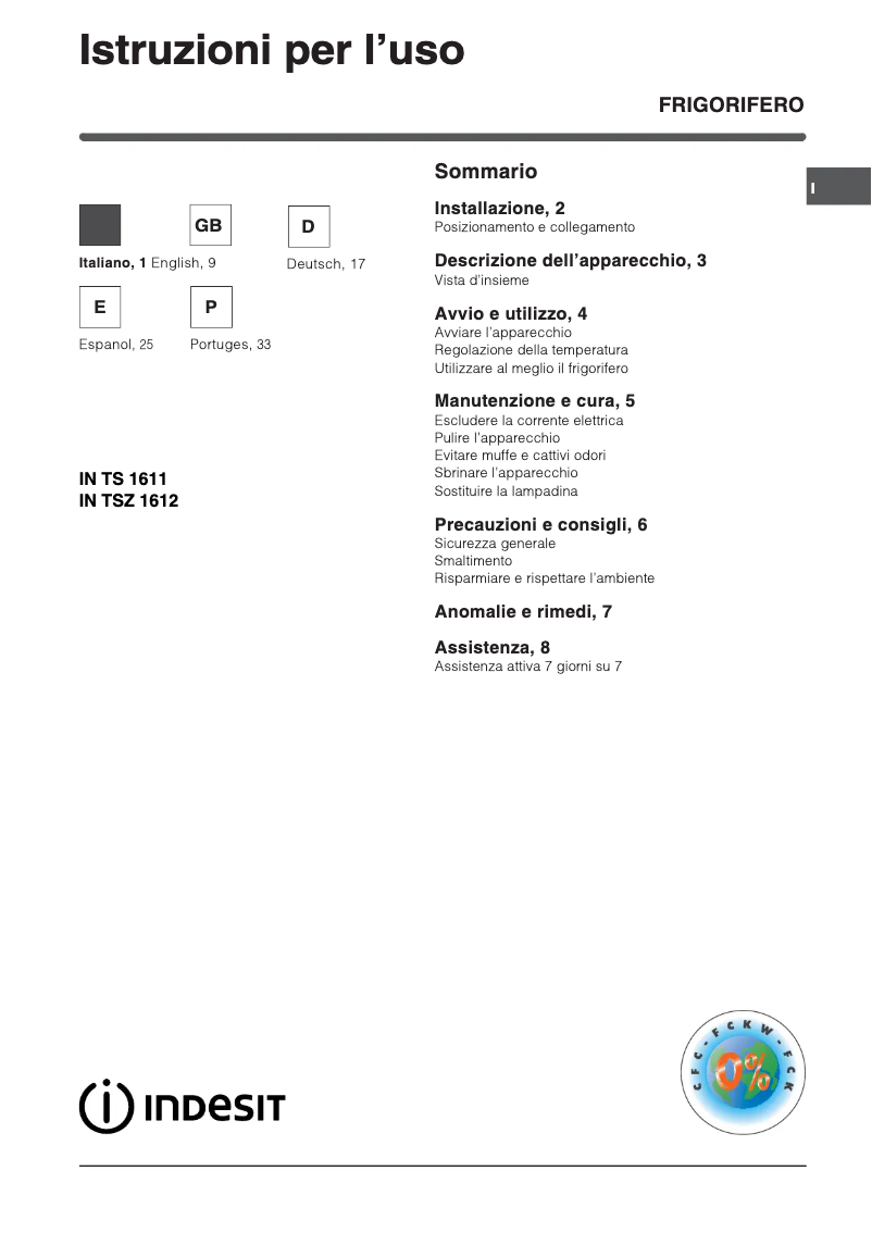 Page 1 de la notice Manuel utilisateur Indesit IN TSZ 1611