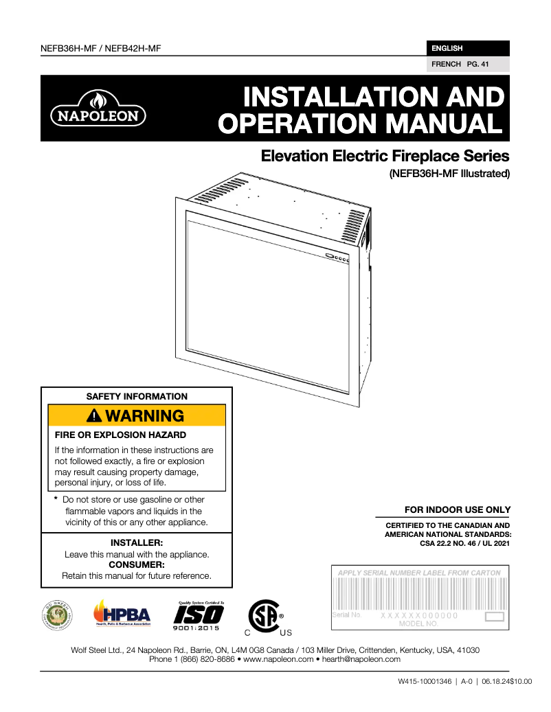 Page n°1 - Manuel utilisateur Napoleon Elevation Electric Fireplace NEFB42H-MF