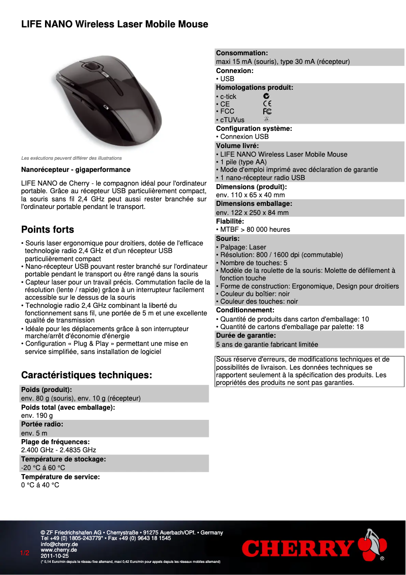 Page 1 de la notice Fiche technique Cherry Life Nano M-300R