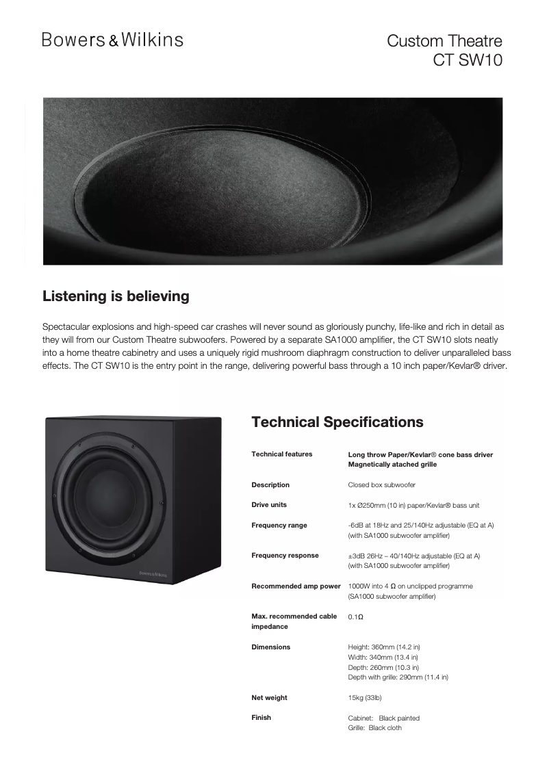 Página 1 del manual Ficha técnica Bowers & Wilkins CT SW10