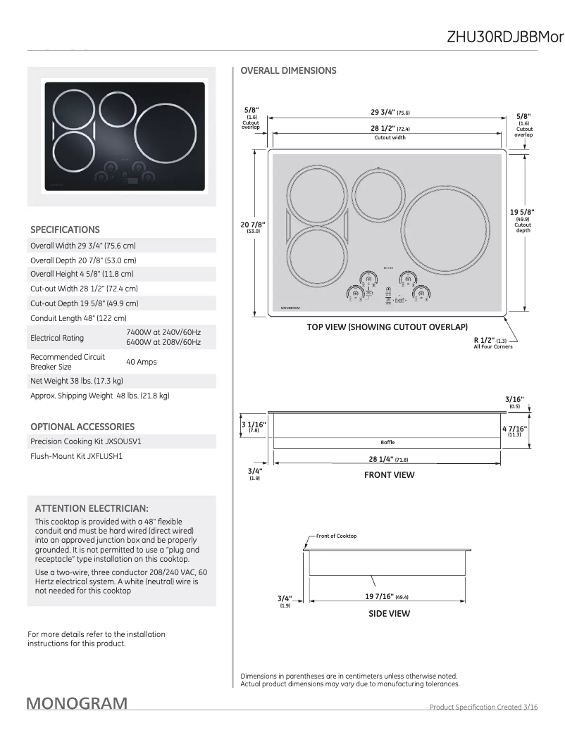 Page 1 de la notice Fiche technique Monogram ZHU30RDJBB