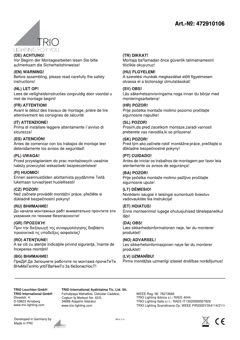 Page 1 de la notice Manuel utilisateur Trio Lighting Sydney 472910106