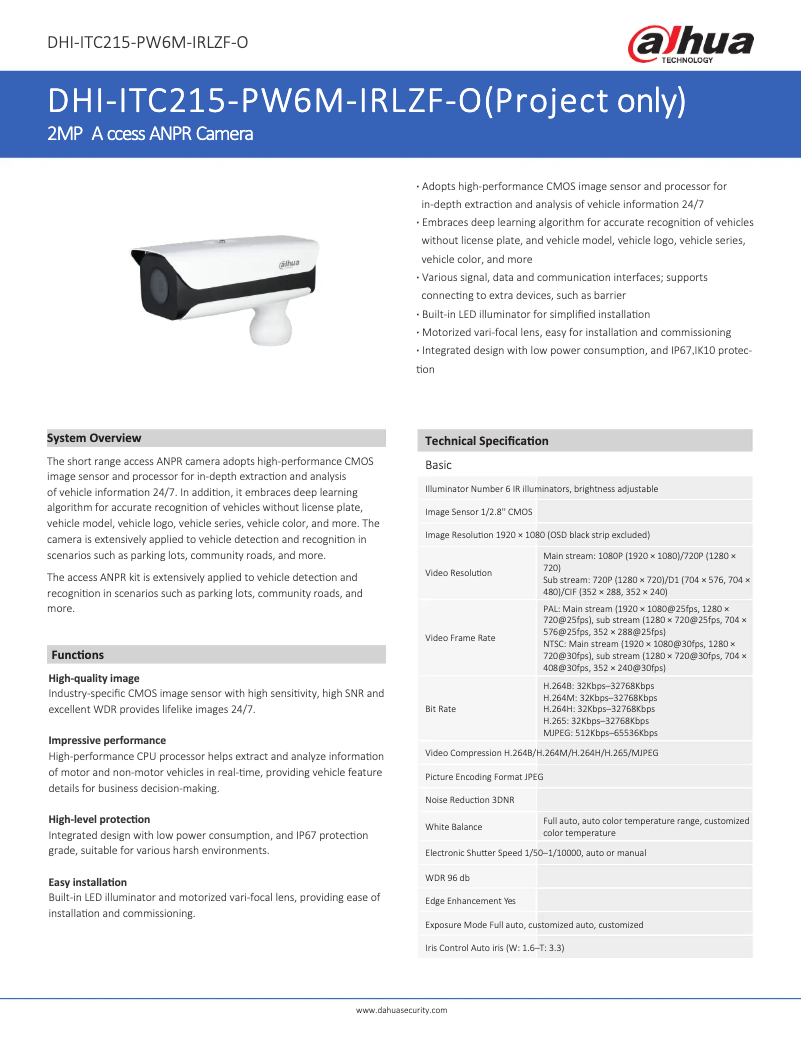 Page 1 de la notice Fiche technique Dahua Technology ITC215-PW6M-IRLZF-O