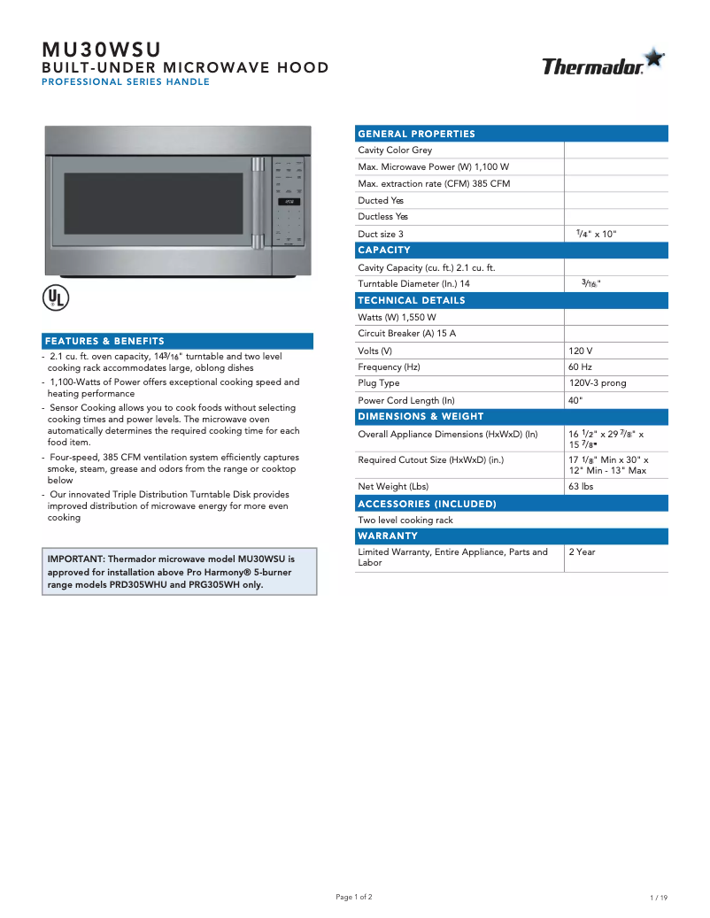 Page n°1 - Fiche technique Thermador MU30WSU