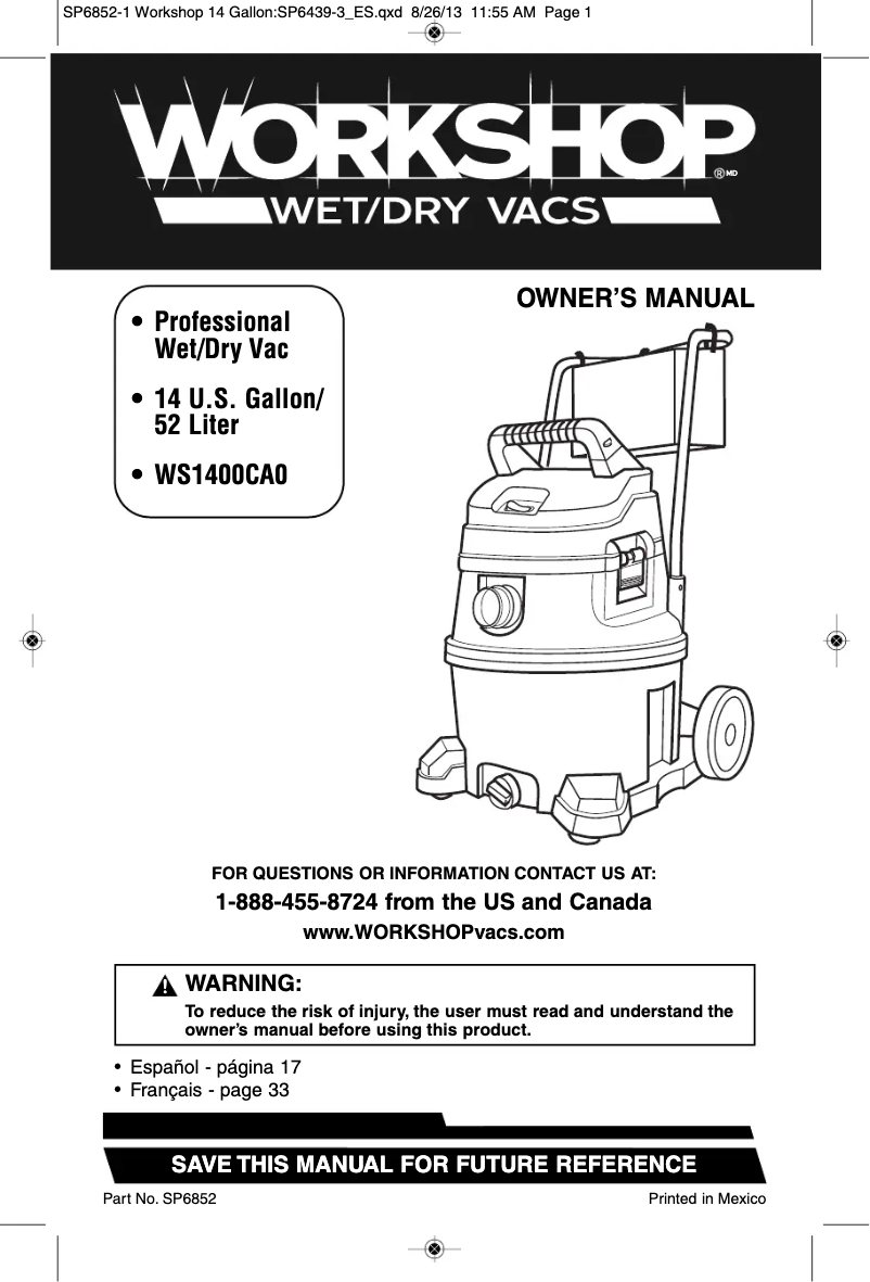 Page n°1 - Manuel utilisateur Workshop WS1400CA