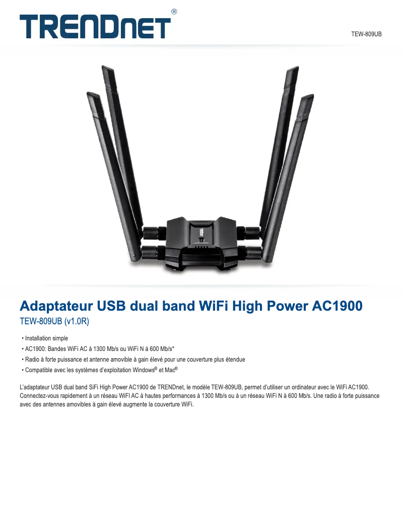 Page 1 de la notice Fiche technique TRENDnet TEW-809UB