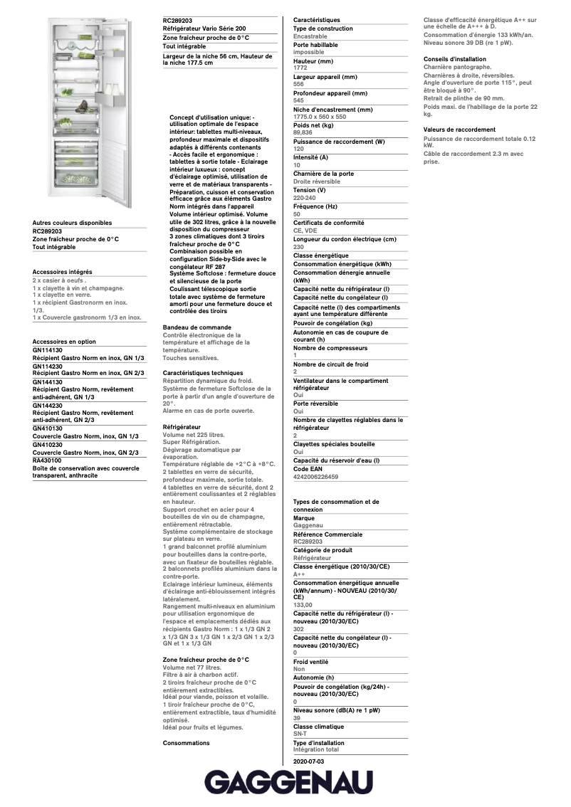 Page 1 de la notice Fiche technique Gaggenau RC289203