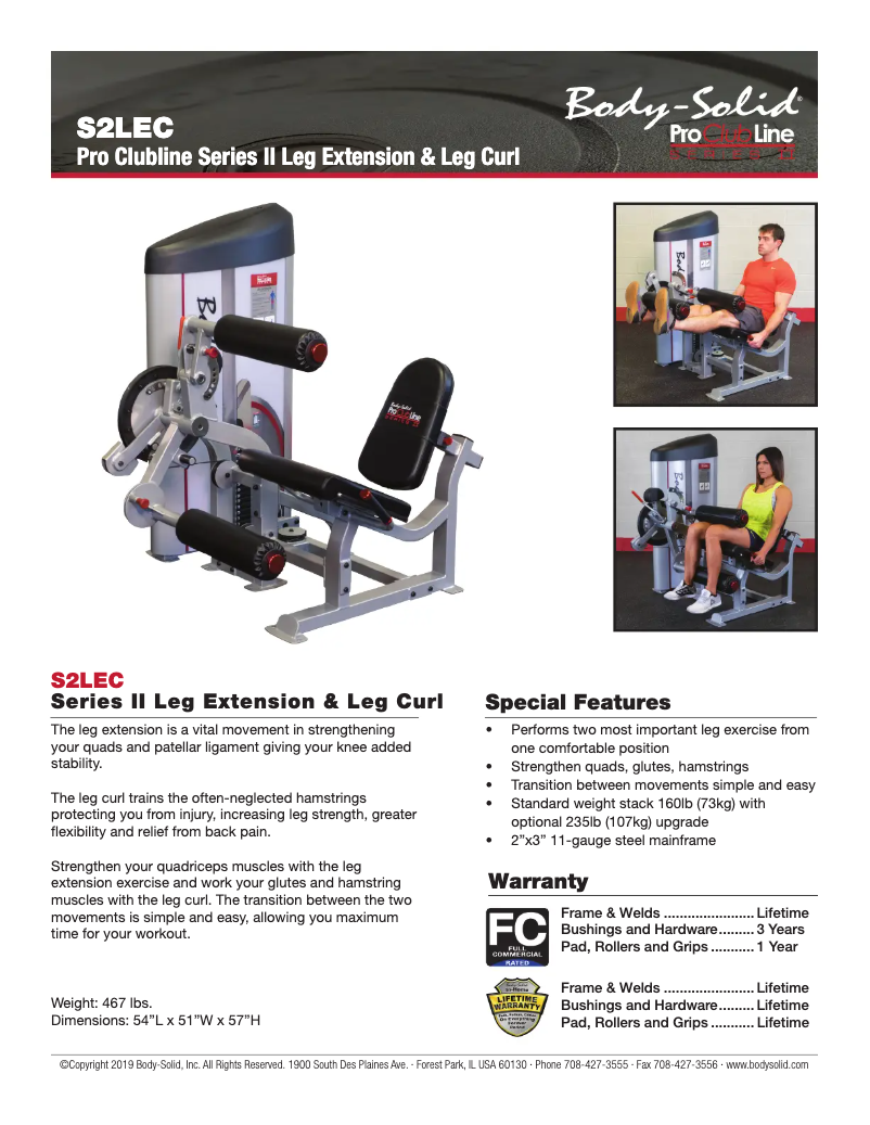 Page 1 de la notice Fiche technique Body-Solid S2LEC