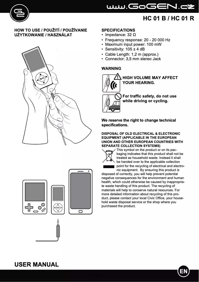 Page 1 de la notice Manuel utilisateur GoGen HC 01R