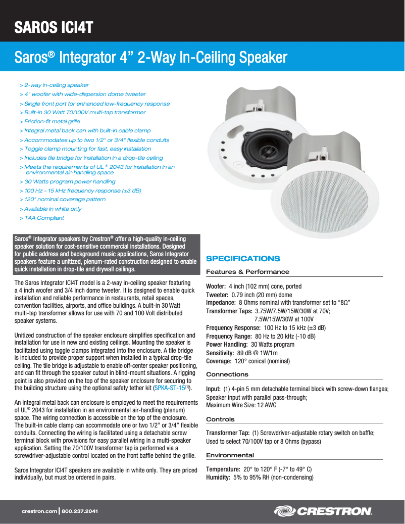 Page n°1 - Fiche technique Crestron Saros ICI4T-W-T-EACH