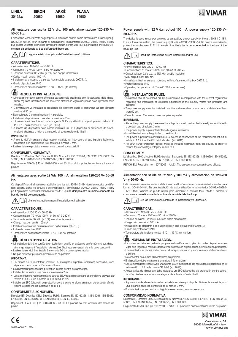 Page 1 de la notice Manuel utilisateur Vimar 30492.C