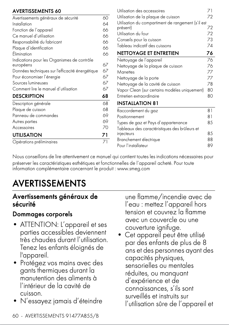 Page 1 de la notice Manuel utilisateur Smeg CX61GM