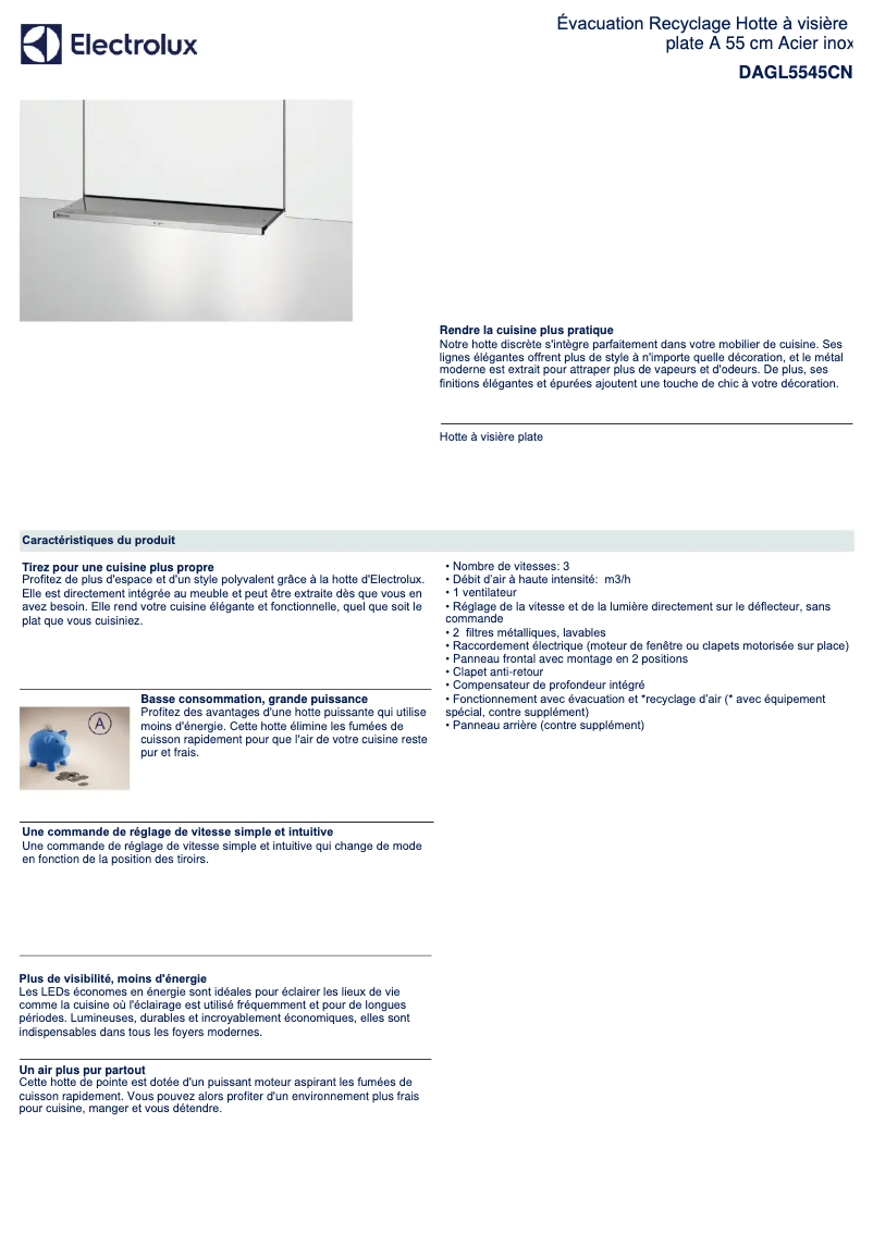 Page 1 de la notice Fiche technique Electrolux DAGL5545CN