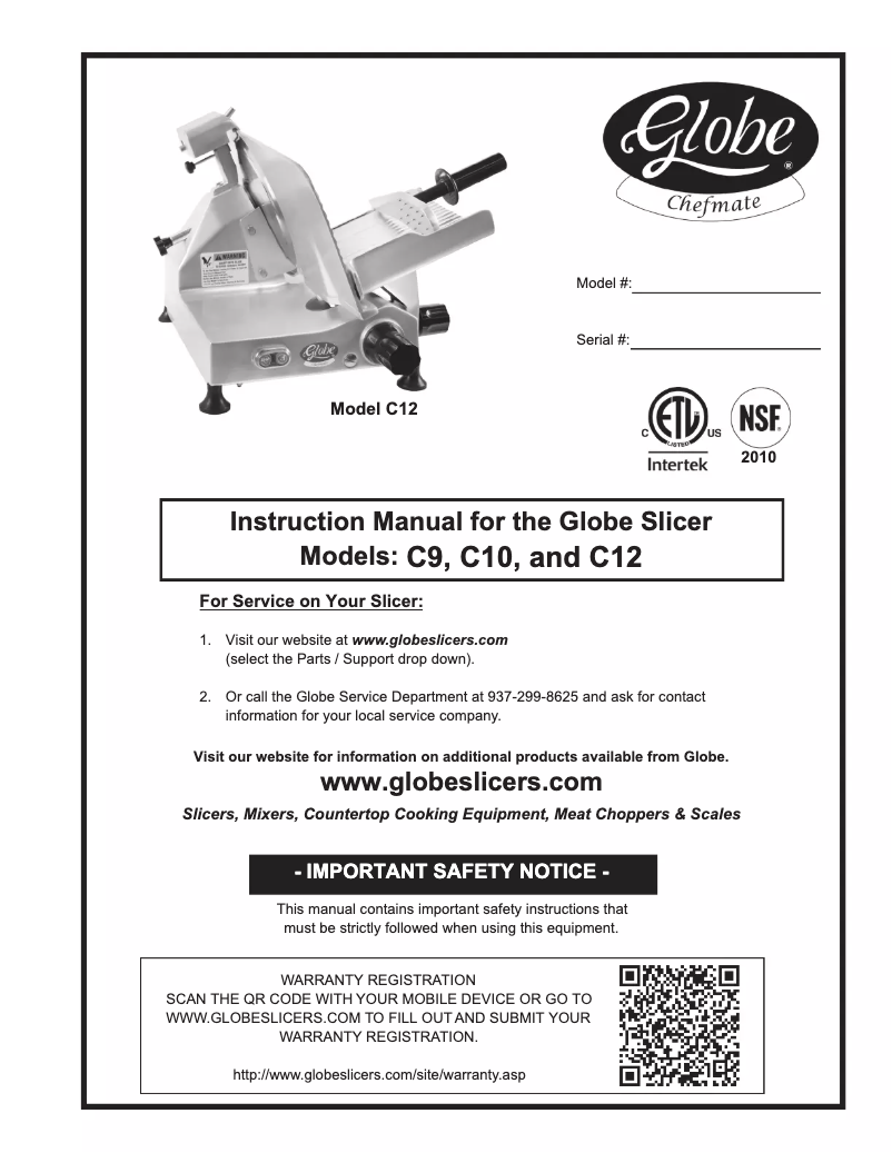 Page n°1 - Manuel d'utilisation et d'entretien Globe C10