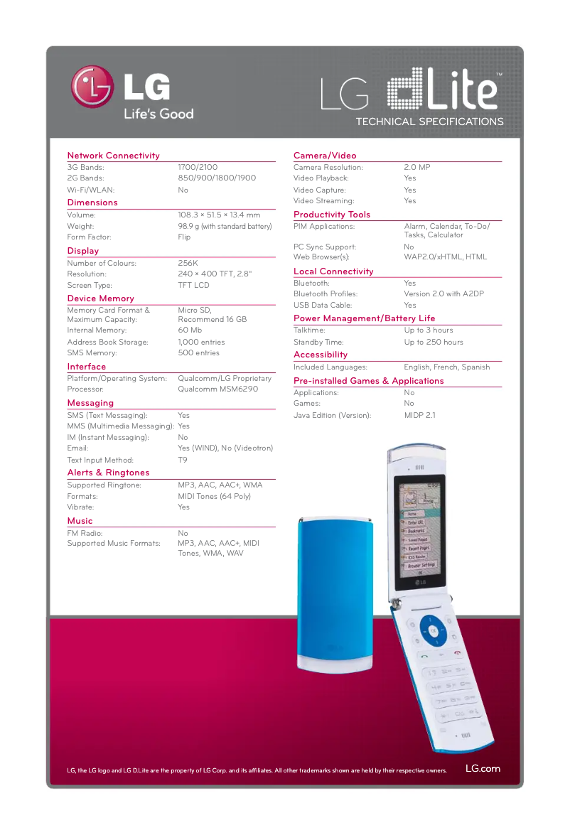 Página 1 del manual Ficha técnica LG GD570AV