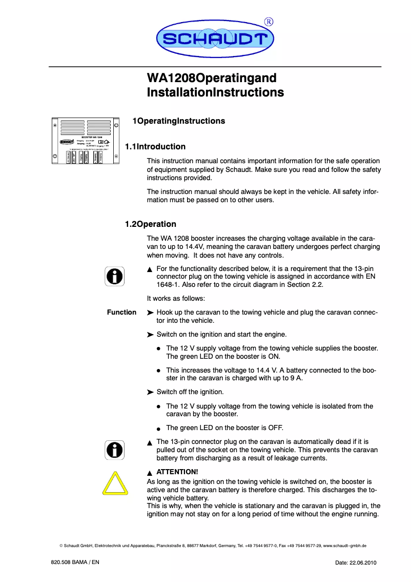 Page 1 de la notice Manuel utilisateur Schaudt Booster WA 1208
