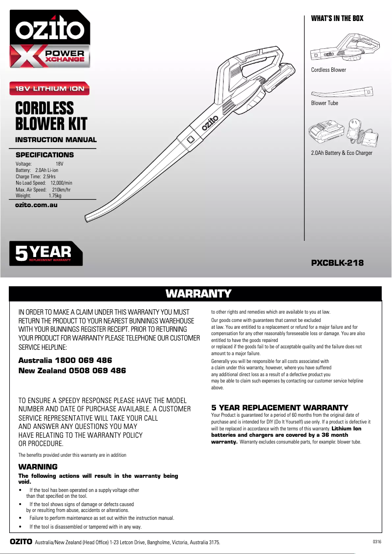 Página 1 del manual Manual de usuario Ozito PXCBLK-218
