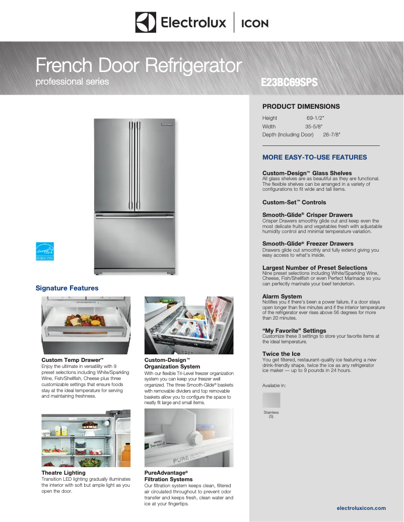 Page 1 de la notice Fiche technique Electrolux E23BC69SP