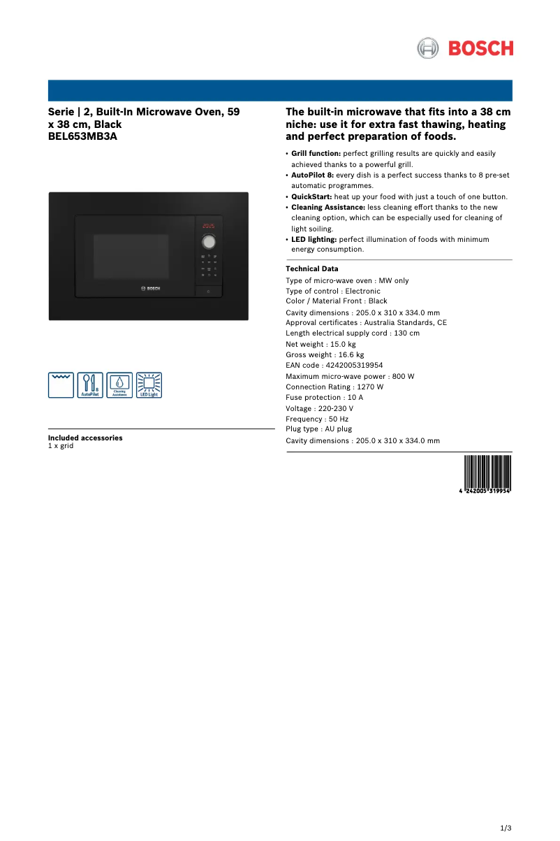 Page 1 de la notice Fiche technique Bosch BEL653MB3A