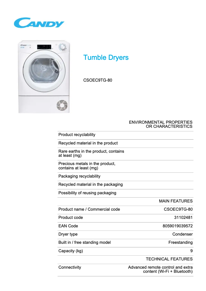 Page n°1 - Fiche technique Candy CSOEC9TG-80