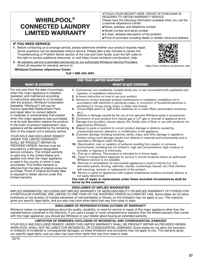 Page n°1 - Mode d'emploi Whirlpool WTW8700E