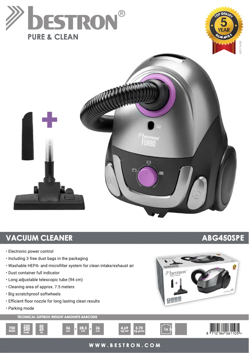 Page n°1 - Fiche technique Bestron Pure & Clean ABG450SPE