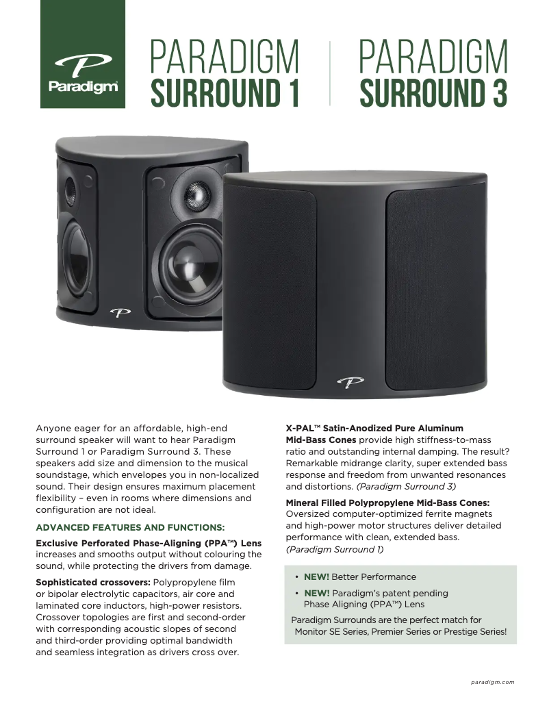 Page 1 de la notice Fiche technique Paradigm Surround 1