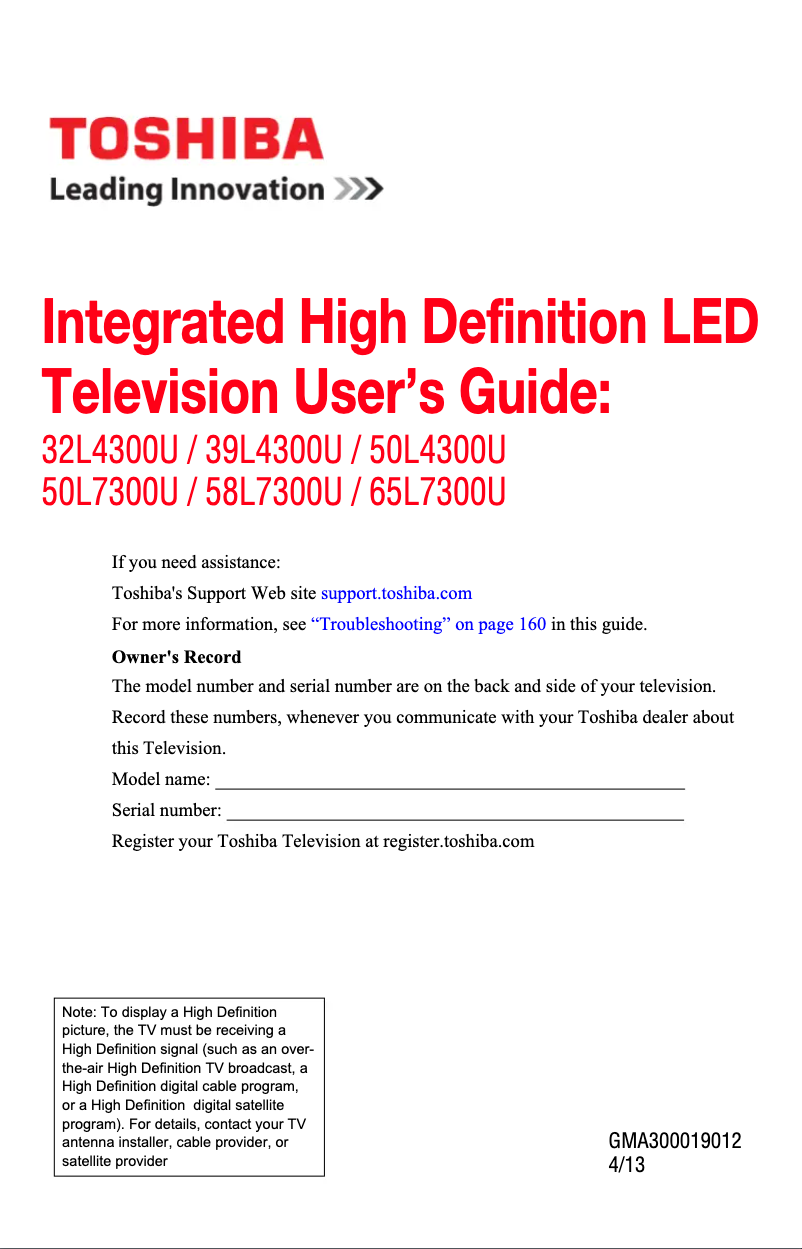 Page 1 de la notice Manuel utilisateur Toshiba 50L7300U