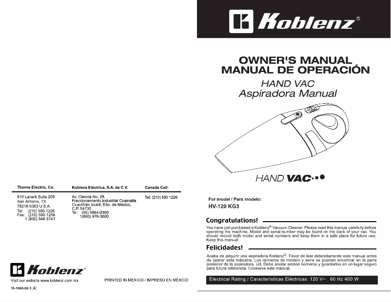 Page 1 de la notice Manuel utilisateur Koblenz HV-120 KG3