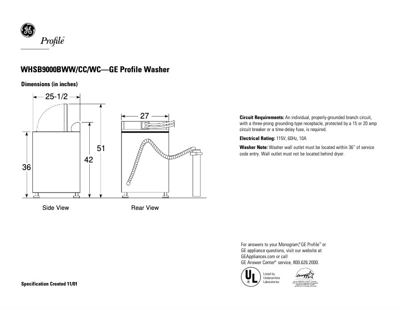 Page 1 de la notice Fiche technique GE WHSB9000BWC
