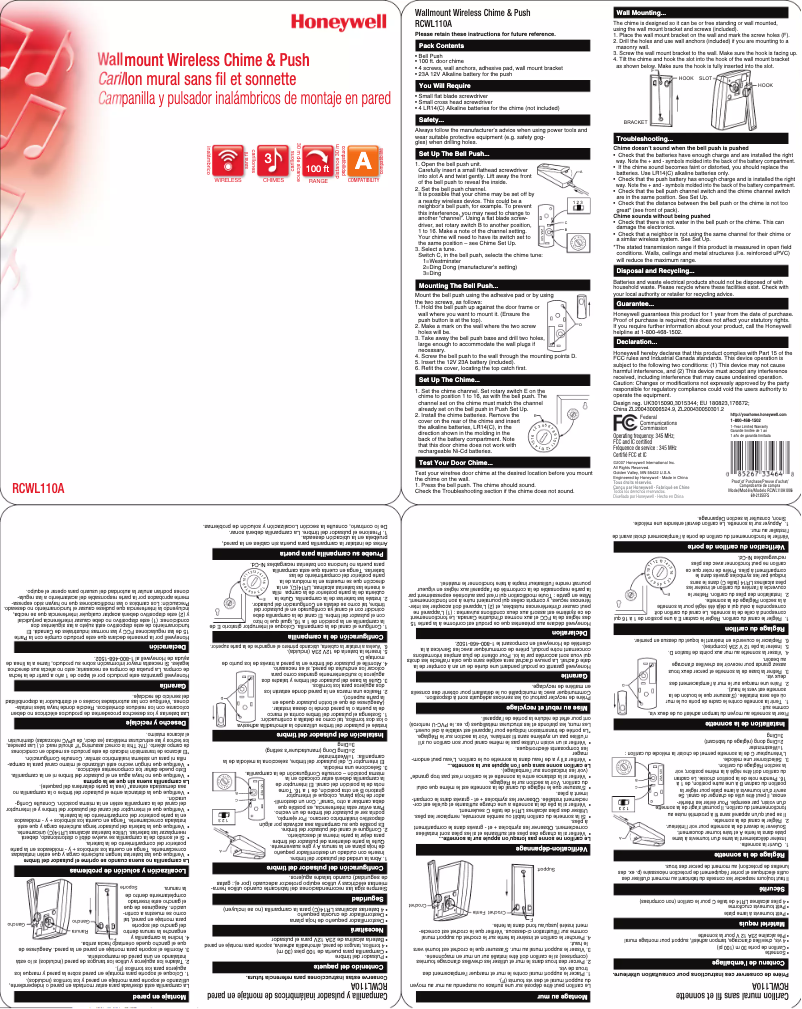 Page 1 de la notice Manuel utilisateur Honeywell RCWL110A