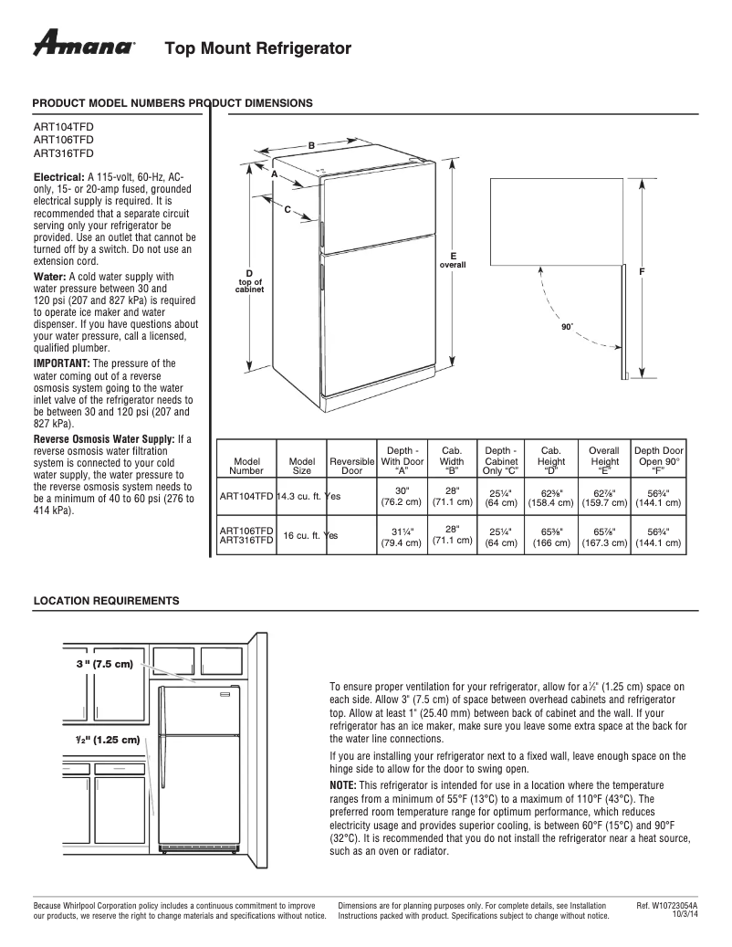 Page n°1 - Fiche technique Amana ART106TFD
