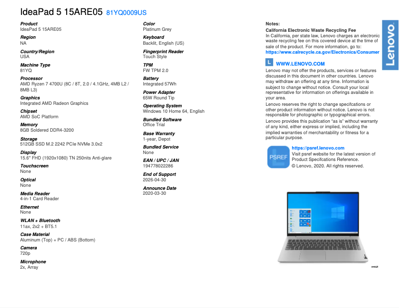Page 1 de la notice Fiche technique Lenovo IdeaPad 5