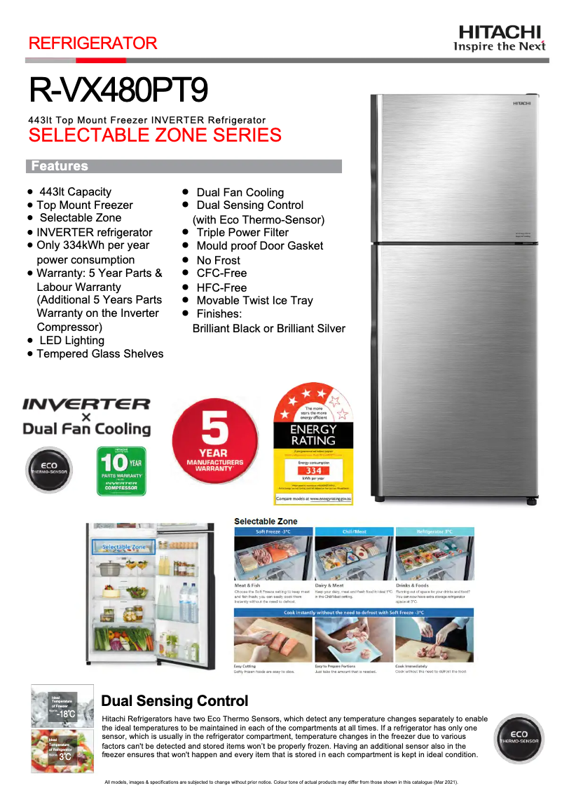 Page 1 de la notice Fiche technique Hitachi R-VX480PT9