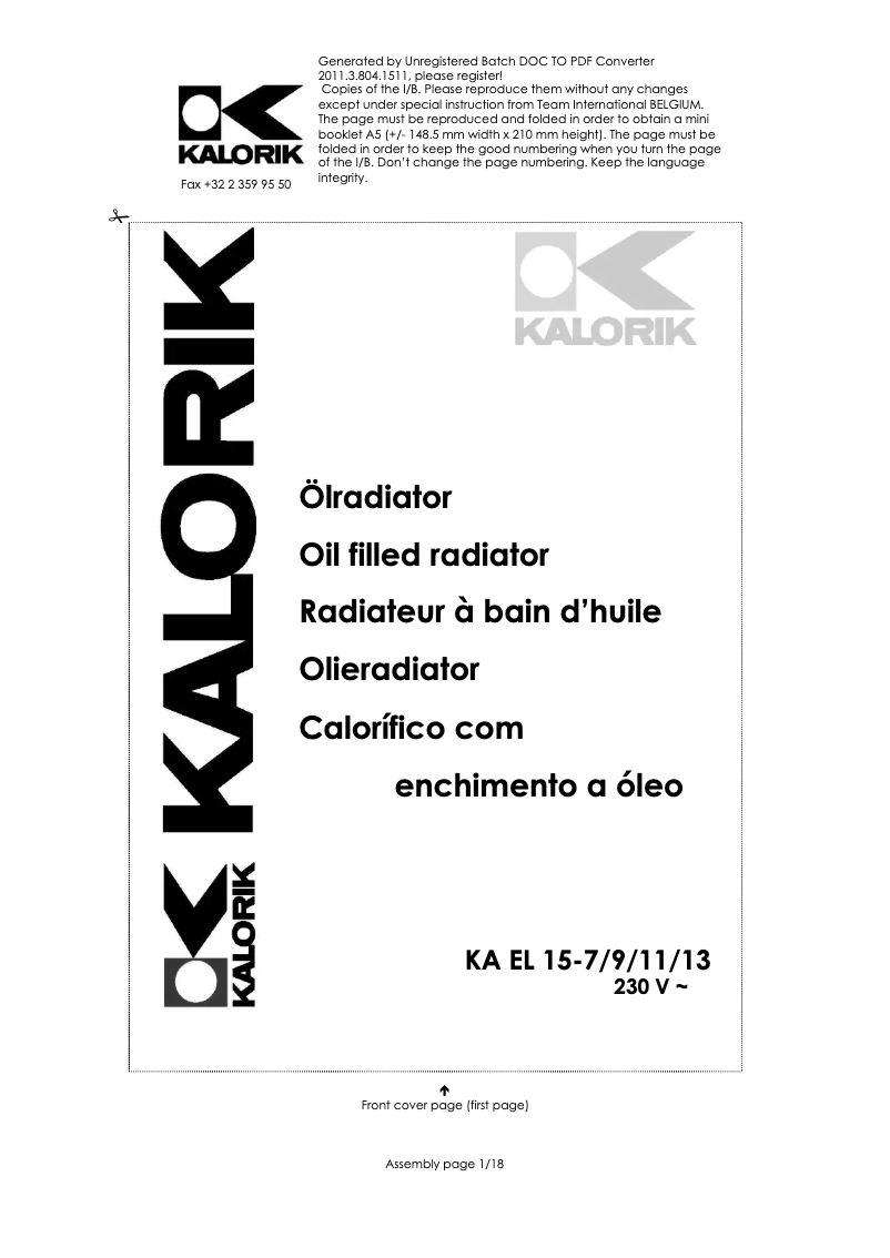 Page 1 de la notice Manuel utilisateur Kalorik KA EL 15-9