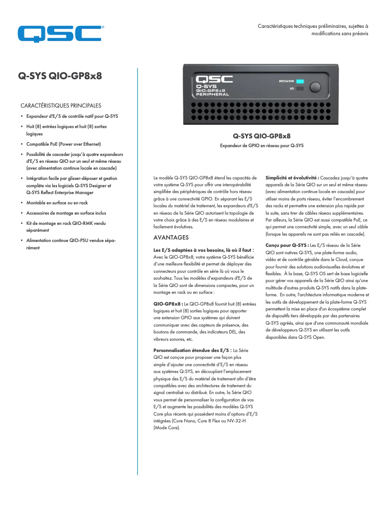 Page 1 de la notice Fiche technique QSC QIO-GP8x8
