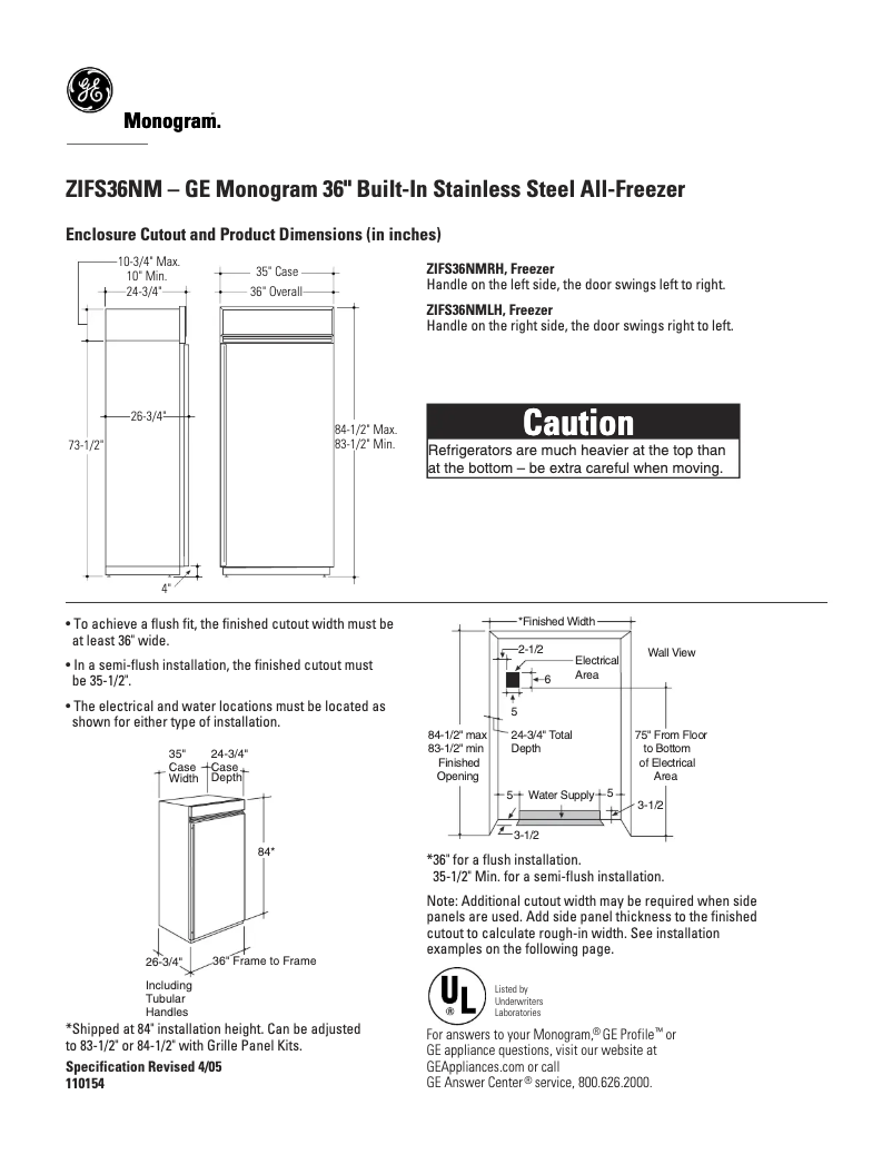 Page n°1 - Fiche technique GE ZIFS36NMLH