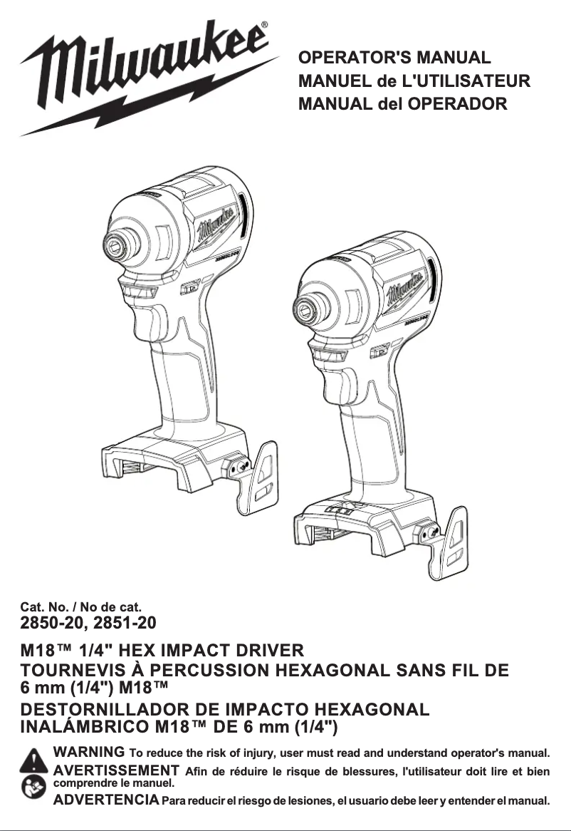 Page 1 de la notice Manuel utilisateur Milwaukee M18 2850-22