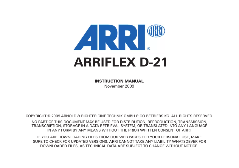 Page 1 de la notice Manuel utilisateur ARRI FLEX D21