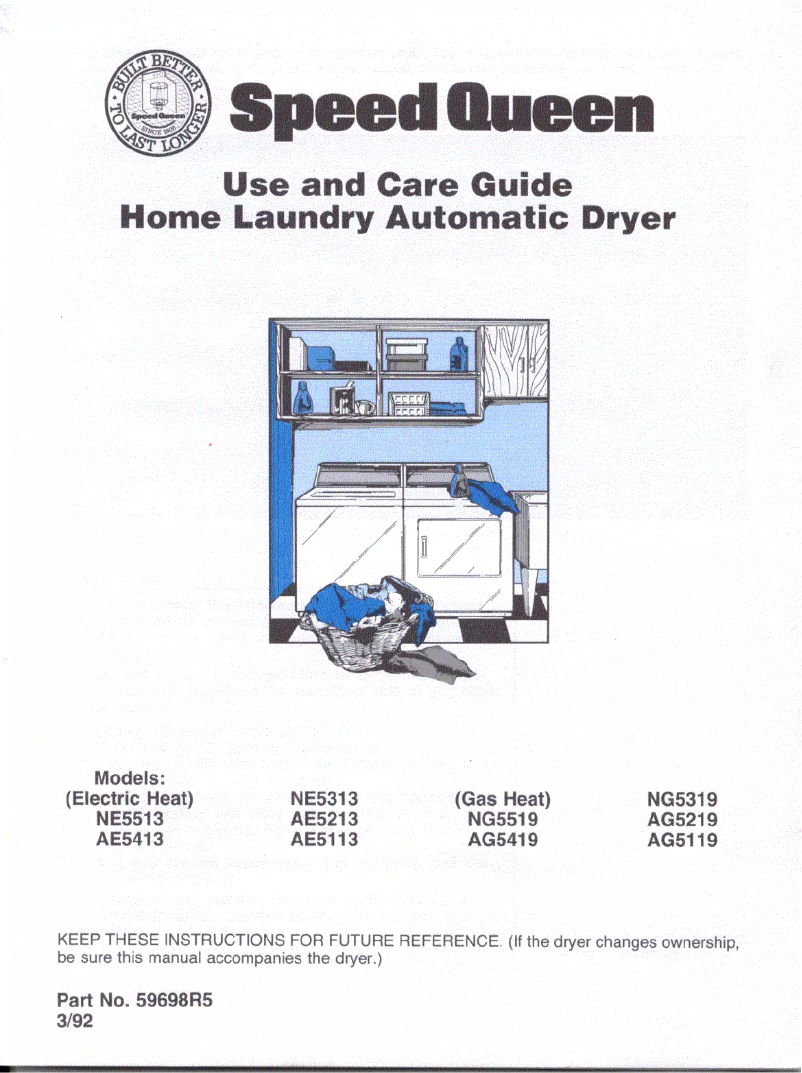 Page 1 de la notice Manuel utilisateur Speed Queen AG5419