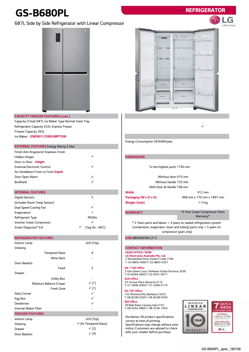 Page 1 de la notice Fiche technique LG GS-B680PL