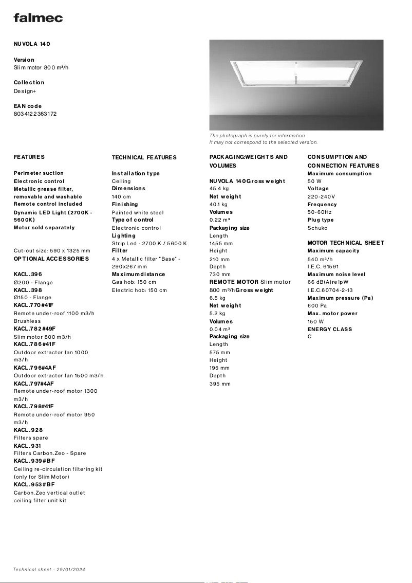 Page 1 de la notice Fiche technique Falmec Nuvola 140