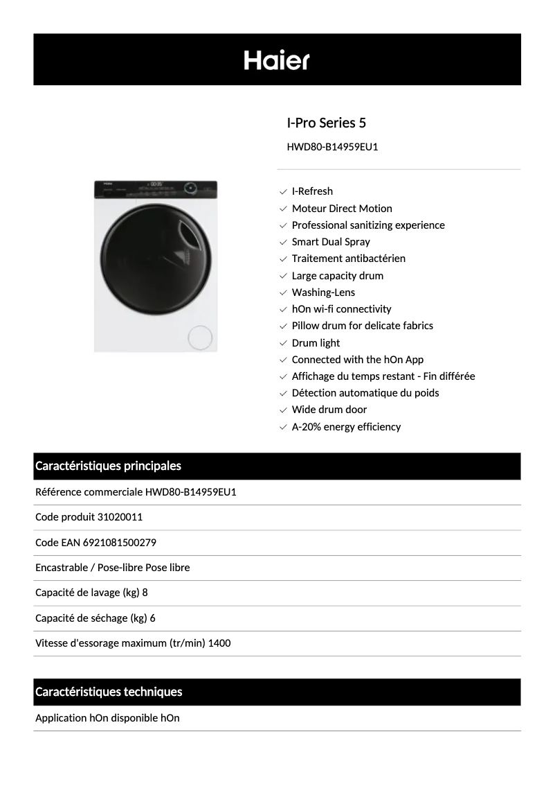 Page 1 de la notice Fiche technique Haier HWD80-B14959EU1