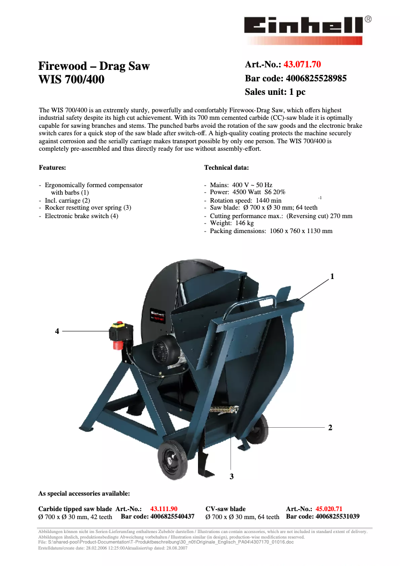 Page n°1 - Manuel utilisateur Einhell WIS 700/400